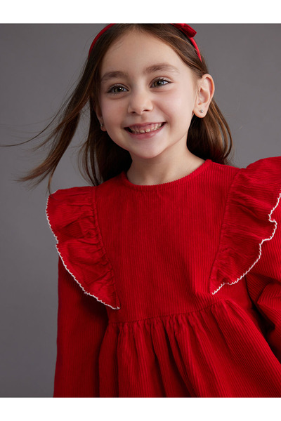 LC Waikiki Kids Red Crew Neck Velvet Girls Dress