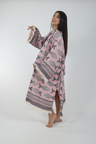 REİNA TEKS Kimono Kaftan Fish Patterned 1 Piece Bohemian Bathrobe Unisex Jacquard 3 Layers Muslin Fabric