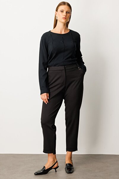 Ekol Women's Plus Size Elastic Waist Accessory Detailed Trousers 1043 Black