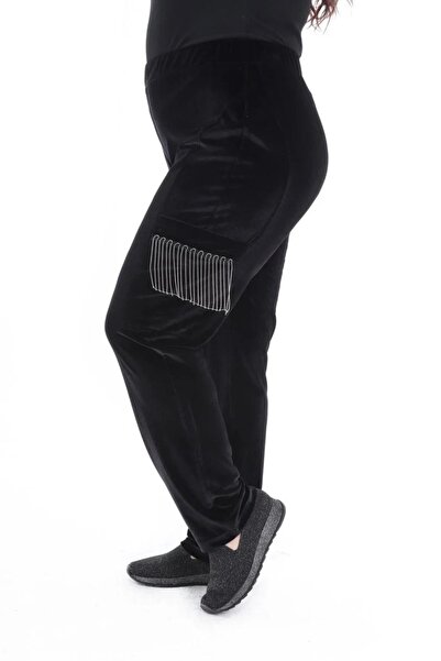 Roxxlen Büyük Beden Kadife Eşofman Alt Siyah