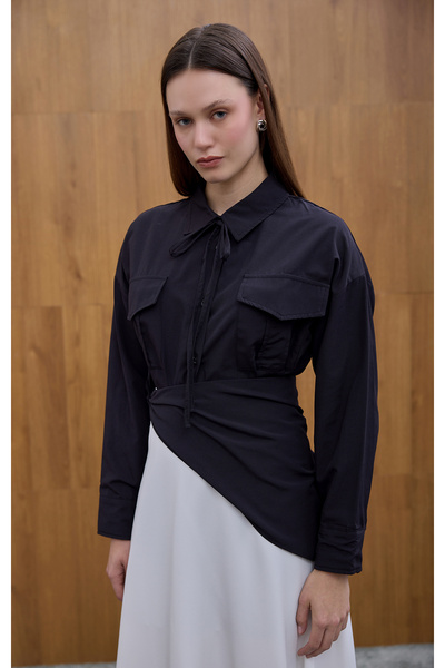 Birgül Bektaş Μαύρο πουκάμισο με διπλή τσέπη με χαλαρή εφαρμογή
