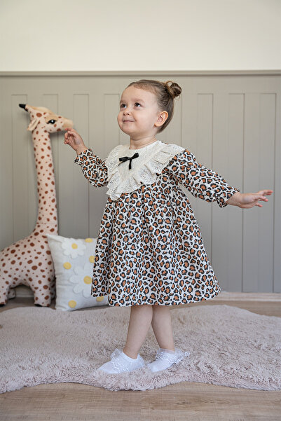 ALYRA Момичешка рокля с леопардов принт, дълги ръкави, дантела и панделка за рождени дни и специални поводи