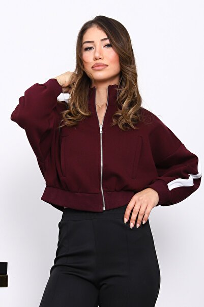 İmajButik Plum Zippered Three-Thread Sweat Cardigan