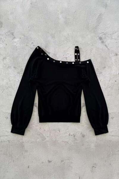 Karakedi Single Strap Shoulder Detail Collar Buttoned Black Long Sleeve Crop Bodysuit