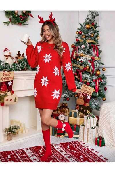 Bracha Christmas Patterned Crew Neck Comfortable Fit Mini Knitwear Dress