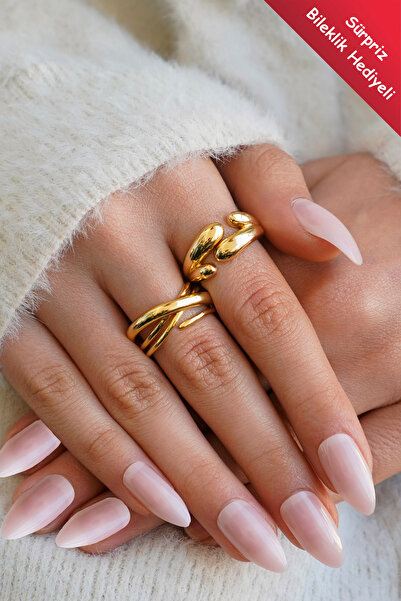 The Collection Set of 2 Modern Curved Vintage and Cross Shape Vip Gold Rings