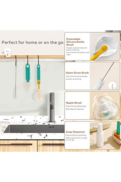 Yelajoy 6-in-1 Travel Baby Bottle Cleaning Kit - Portable Drying Rack & Silicone Brushes