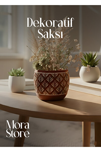 mora store Kahverengi Beton Saksı 13x12 cm - Bohem İskandinav Tarzı Modern El...