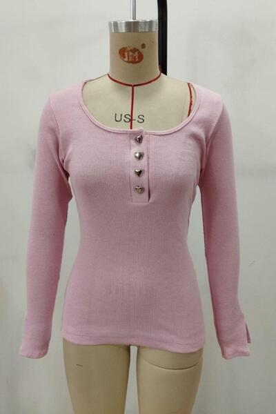 Mossta Μπλούζα με κουμπιά μακρυμάνικη πλέξη ριμπ - Ροζ