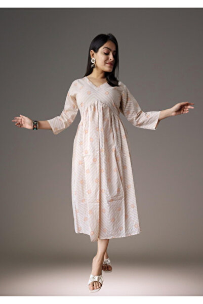 IndHeritage Premium pure cotton beige colour dress with abstract baghru print for women - Indo Western wear