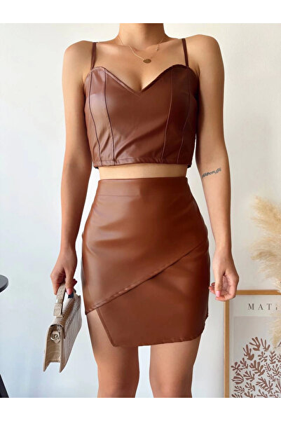 Zerenyus Asymmetrical Model Leather Skirt with Flap Brown