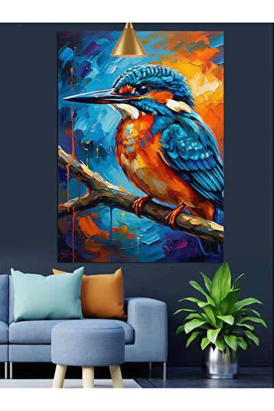 KanvasSepeti Pasăre albastră de pescar Pictură în ulei de înaltă calitate tex...