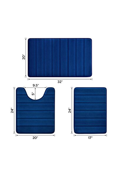 JZS Memory Foam Bath Mat Set 3 Pieces Non-Slip Absorbent Machine Wash Blue