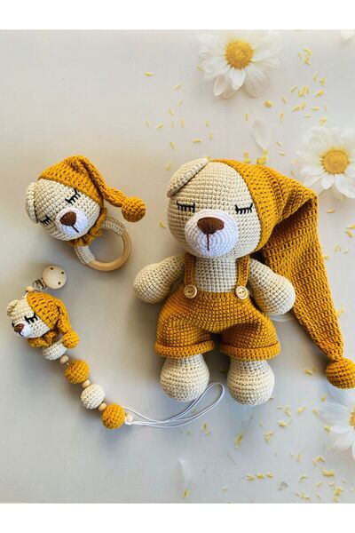 Adenya Sepeti Masal Ayıcık Set – Hardal Renk | Örgü Amigurumi Oyuncak + Diş K...