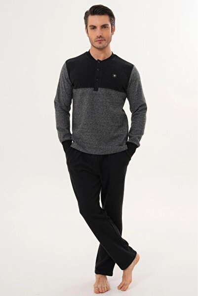 Mecit Pijama Large Size Thessaloniki Fabric Collar Buttoned Winter Men's Pajama Set 70% Cotton 30% Polyester