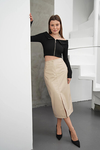 Zerenyus Slit Long Leather Skirt Beige