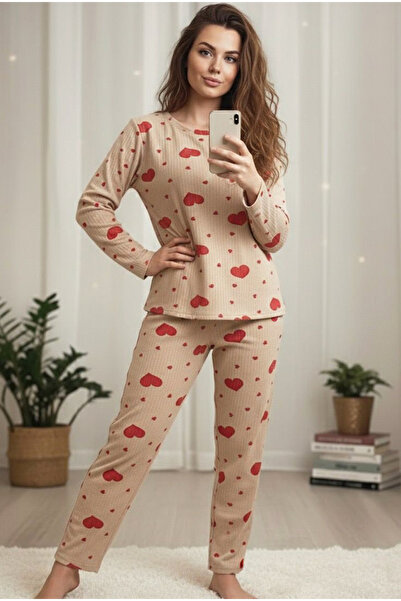 Siyah İnci Mink Red Heart Patterned Soft Touch Winter Corded Fabric Cotton Knitted Pajamas Suit 7977