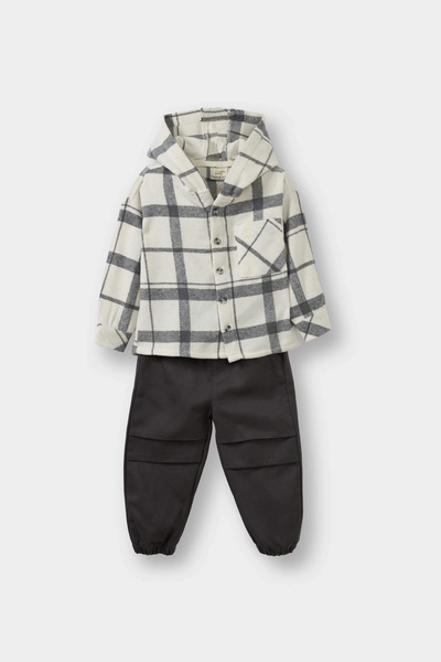 DeFacto G3225A5Er233 Ecru Baby Boy 2-Piece Set Checkered Twill Hooded Shirt Pants