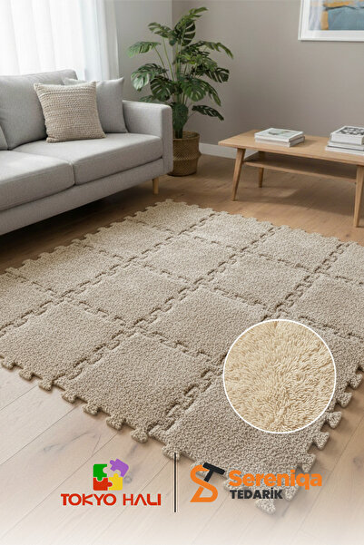 Tokyo Halı Bej Peluş Puzzle Halı, Kendi Tasarımını Oluştur, Yapboz Halı, Peluş Halı