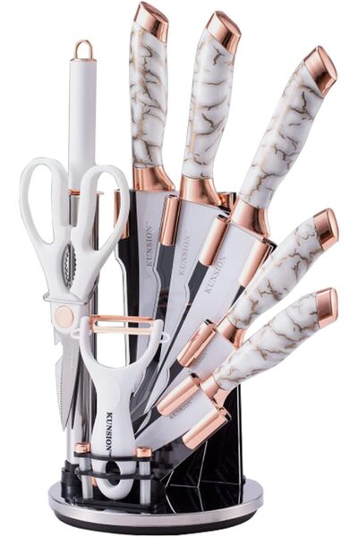 Generic 9-Piece White Cracked Handle Kitchen Knife Set with Acrylic Stand