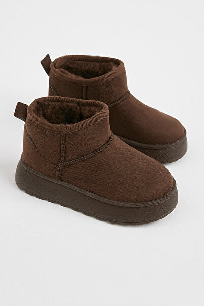 Tonny Black Children's Unisex Brown Thick Poly Sole Casual Boots with Fur Inside and Suede Look