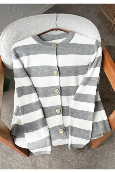hedef giyim Striped Buttoned Crew Neck Knit Cardigan