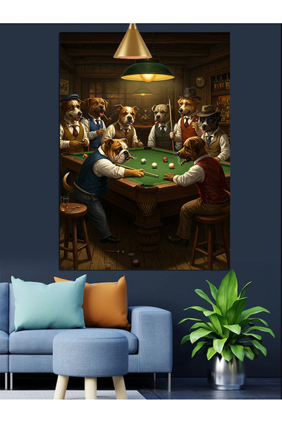 karizmart Bilardo oynayan köpekler kalabalık figür Dekoratif Kanvas - Mdf Ahş...
