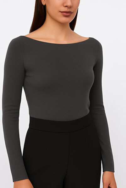 Ramior Women's Boat Neck Anthracite Gray Ribbed Knit Blouse – Long Sleeve Flexible Fit Top