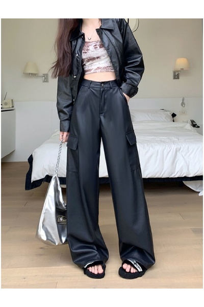 Gosse Wide Faux Leather Cargo Pants Black