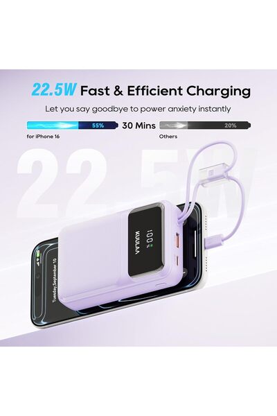 Kuulaa Power Bank 20000mAh Built-in Cable 22.5W Fast Charging - Purple