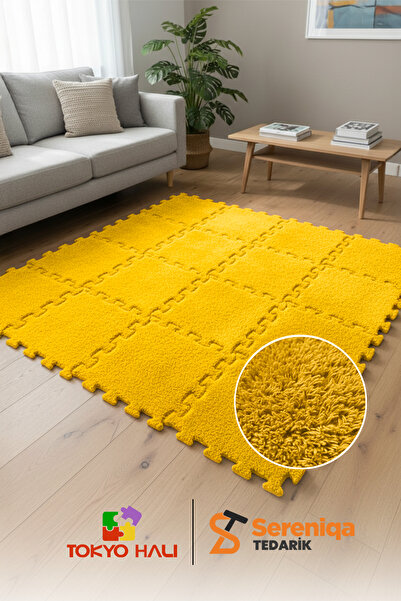 Tokyo Halı Sarı Peluş Puzzle Halı, Kendi Tasarımını Oluştur, Yapboz Halı, Pel...