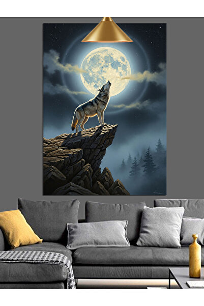Tablo Mega Dolunay Altında Kurt Uluması Dekoratif Kanvas - Mdf Ahşap Tablo