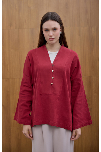 Birgül Bektaş Burgundy Front Button Detailed Blouse
