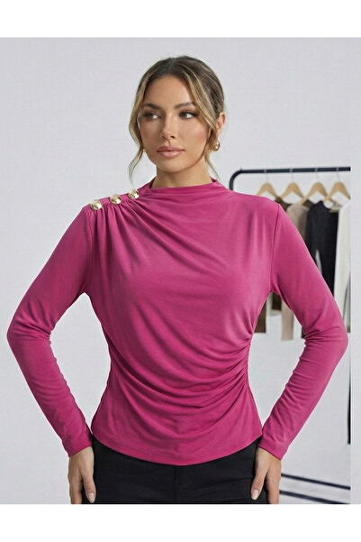 MELA ROSSA Γυναικεία φούξια μπλούζα με μακρυμάνικο ύφασμα με κουμπιά στον ώμο