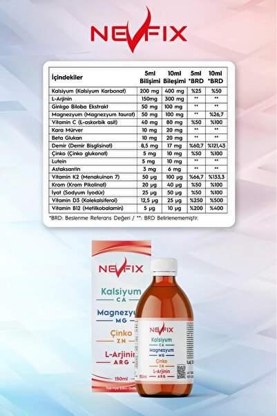Nevfix Calcium Magnesium Zinc D3 Vitamin K2 Astaxanthin Lutein L-Arginine Iodine Magnesium 150 ml Liquid