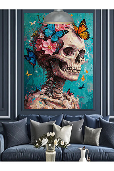 KanvasSepeti Craniu cu flori Pictură în ulei de înaltă calitate texturat Pânz...