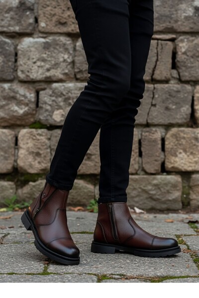 BIG KING Fur Lined Zippered Chelsea Genuine Leather Men's Boots