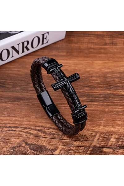 Feronnucci سوار للجنسين مصنوع من الجلد على شكل صليب عتيق الطراز + هدية + H05