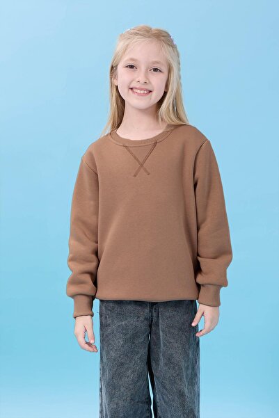 Perendi Unisex Basic Crew Neck Fleece-Lined Winter Sweatshirt - Milky Brown