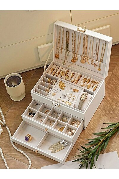 aetcr Jewelry Jewelry Box 3 Layers 2 Drawers Organizer Organizer Lockable Fau...