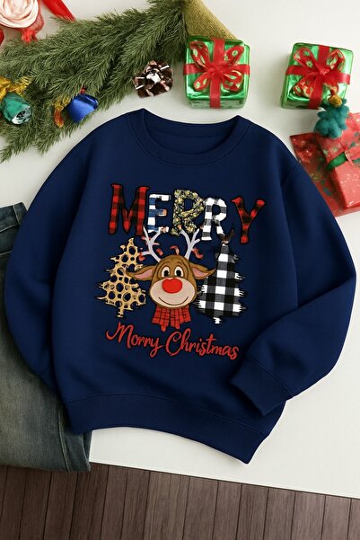 PALPİTO Swea pentru femei, albastru bleumarin, Geyik Christmas cu imprimeu gu...