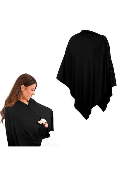 DURKU غطاء الرضاعة - بطانية الخصوصية شال بونشو مع زر، أسود