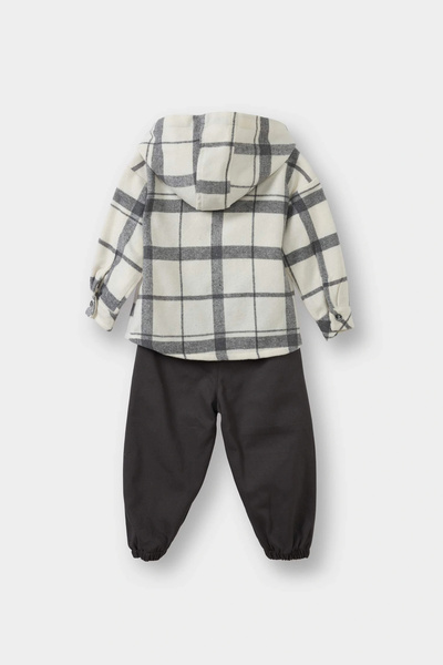 DeFacto G3225A5Er233 Ecru Baby Boy 2-Piece Set Checkered Twill Hooded Shirt Pants