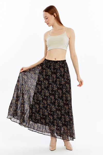 sehatex Lined Pleated Patterned Chiffon Elastic Waist Skirt