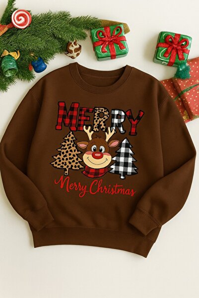 PALPİTO Women's Brown Deer Christmas Printed Crew Neck Oversized Sweatshirt