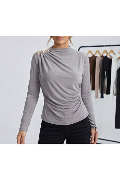 MELA ROSSA Women's Gray Boat Neck Shoulder Buttoned Long Sleeve Sandy Fabric Blouse