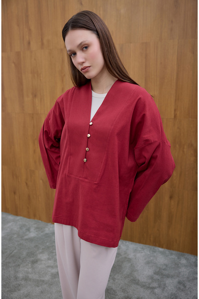 Birgül Bektaş Burgundy Front Button Detailed Blouse