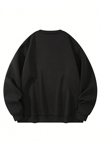 PALPİTO Women's Black Deer Christmas Printed Crew Neck Oversized Sweatshirt