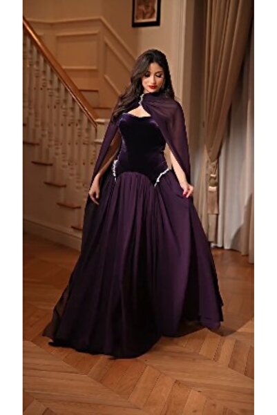 Genrics فستان سهرة قطيفه مع شيفون