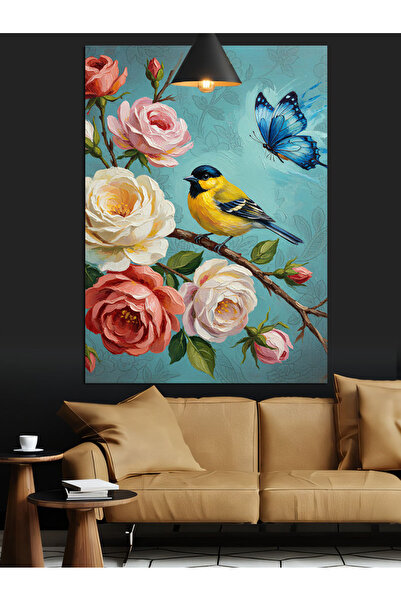 Artmeg Pembe Gül Kuş ve Kelebek Dekoratif Kanvas - Mdf Ahşap Tablo